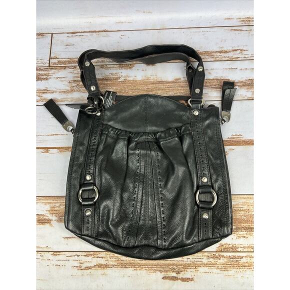 B Makowsky Black Pebble Leather Bag Leopard/Cheetah Lining 14" x 14" x 5" - Picture 1 of 8